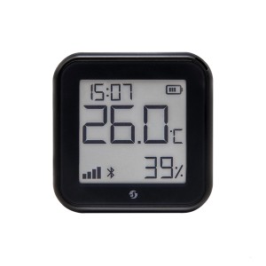 Schwarzer Shelly Temperatursensor Plus H&T G3 mit E-Paper Display zur Hausautomation.