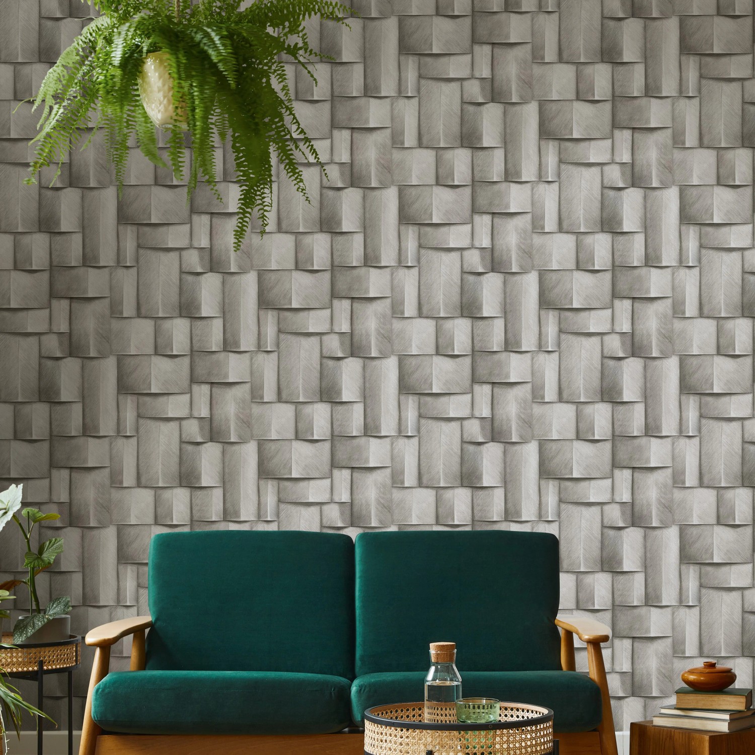 Moderne Vliestapete in 3D-Optik, grafisches Muster in Weiß-Beige. Dekorative Wandgestaltung für Wohnräume.