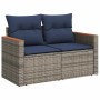 Graue vidaXL Garten-Sofagarnitur aus Rattan mit blauen Kissen für Terrasse und Garten.