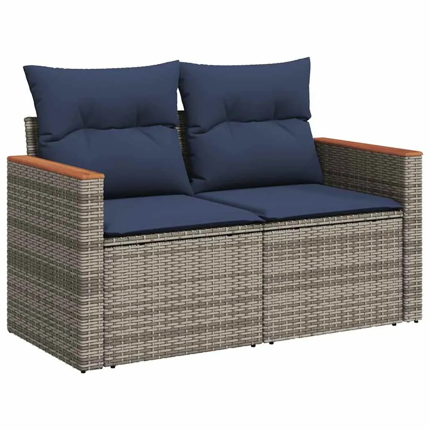 Graue vidaXL Garten-Sofagarnitur aus Rattan mit blauen Kissen für Terrasse und Garten.