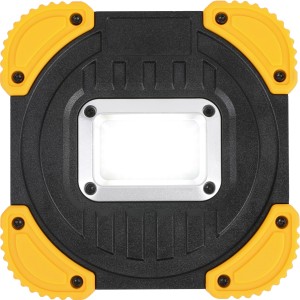 Schwarze COB-LED Arbeitsleuchte mit gelben Eckverstärkungen, 600 Lumen, für Werkstatt und Baustelle.