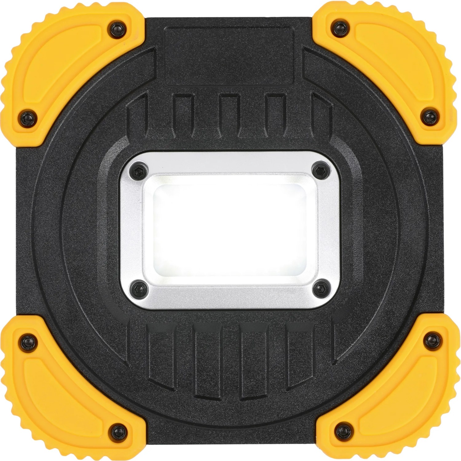 Schwarze COB-LED Arbeitsleuchte mit gelben Eckverstärkungen, 600 Lumen, für Werkstatt und Baustelle.