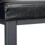 Detailansicht der schwarzen gepolsterten Sitzfläche aus Kunstleder und des schwarzen Metallgestells der Schuhbank.