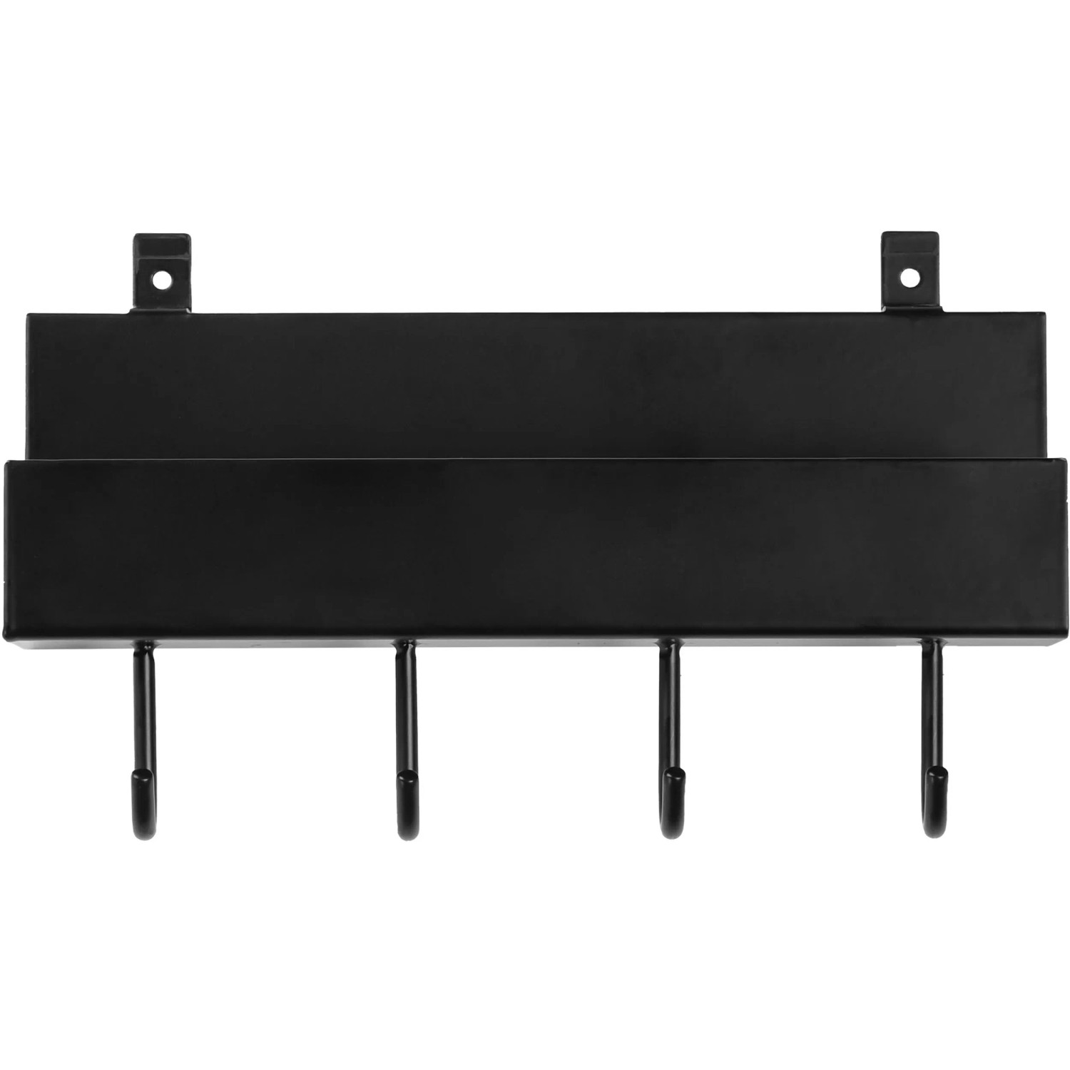 Schwarzes DenPanels Regal mit 4 Stiften und Schrauben zur Wandmontage.