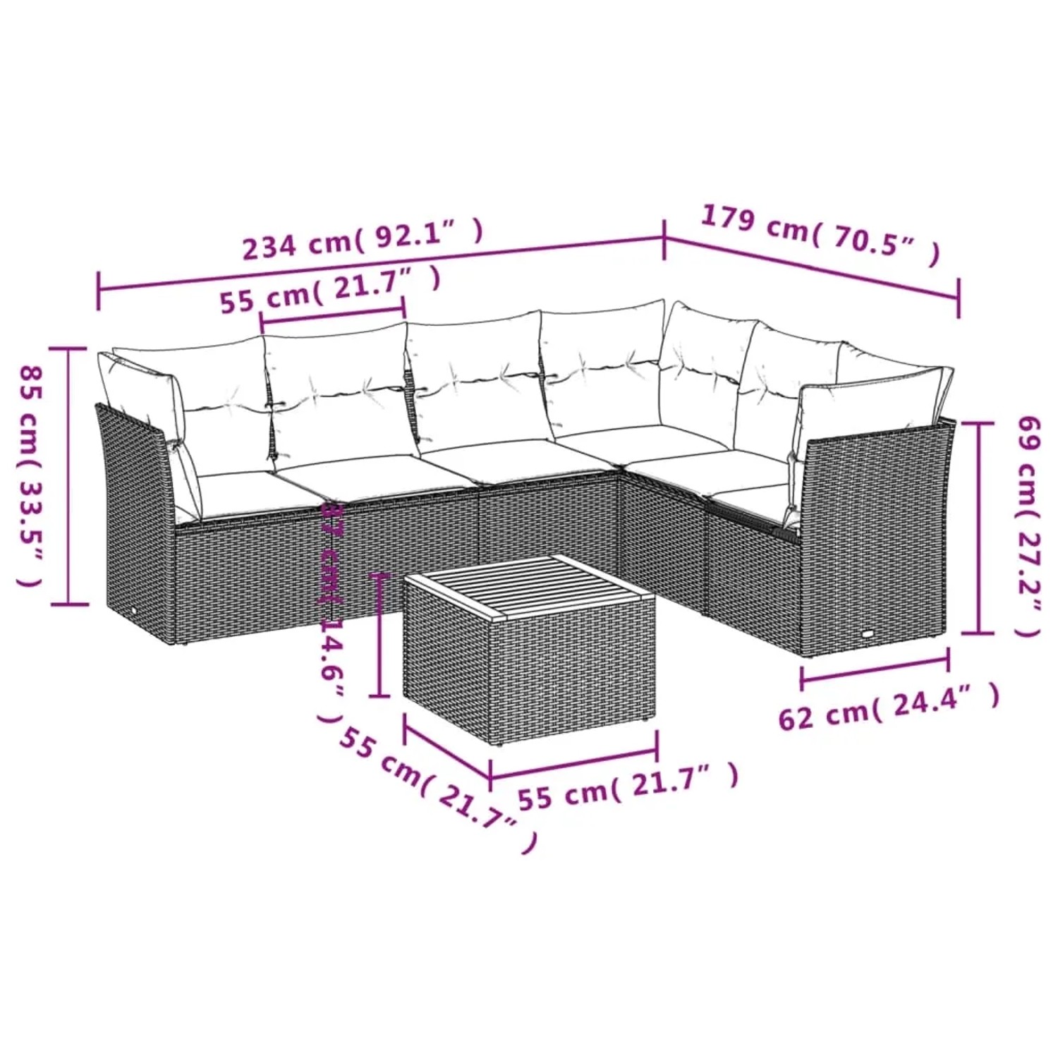Graue 7-tlg. vidaXL Garten-Sofagarnitur aus Polyrattan mit Kissen, Maße dargestellt.