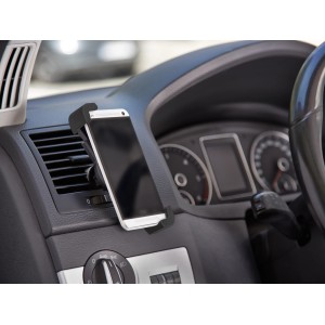 OBI Kfz Smartphone Halterung am Lüftungsschlitz mit Handy in Schwarz-Grau.