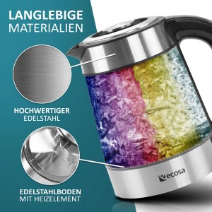Ecosa EO-600 Wasserkocher aus Glas und Edelstahl mit farbiger LED-Beleuchtung.