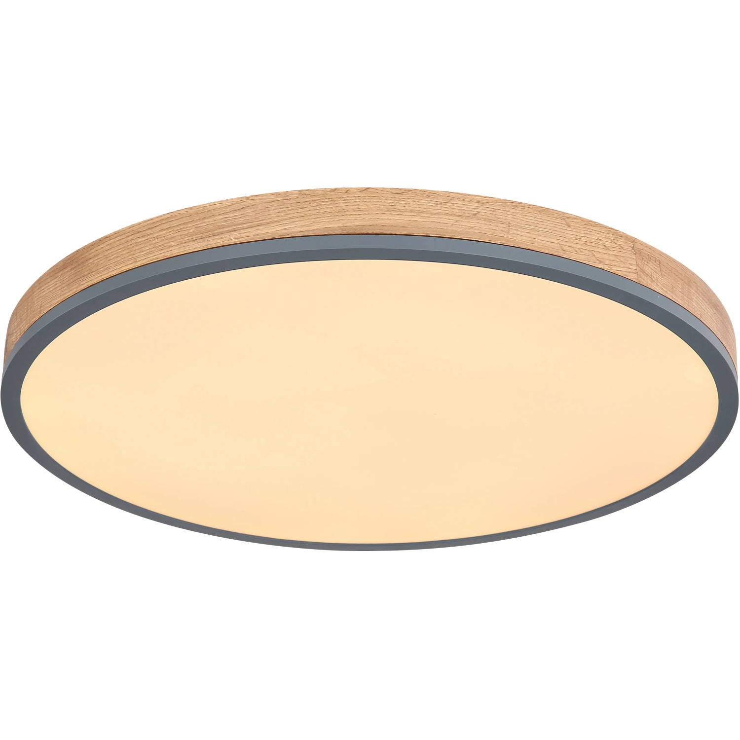 Runde LED-Deckenleuchte Doro, 60 cm, Graphit/Holzoptik, dimmbar mit Fernbedienung.