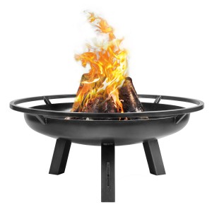Schwarze CookKing Feuerschale Porto aus Stahl, Ø 60 cm, mit brennendem Holz. Lagerfeuer-Atmosphäre.