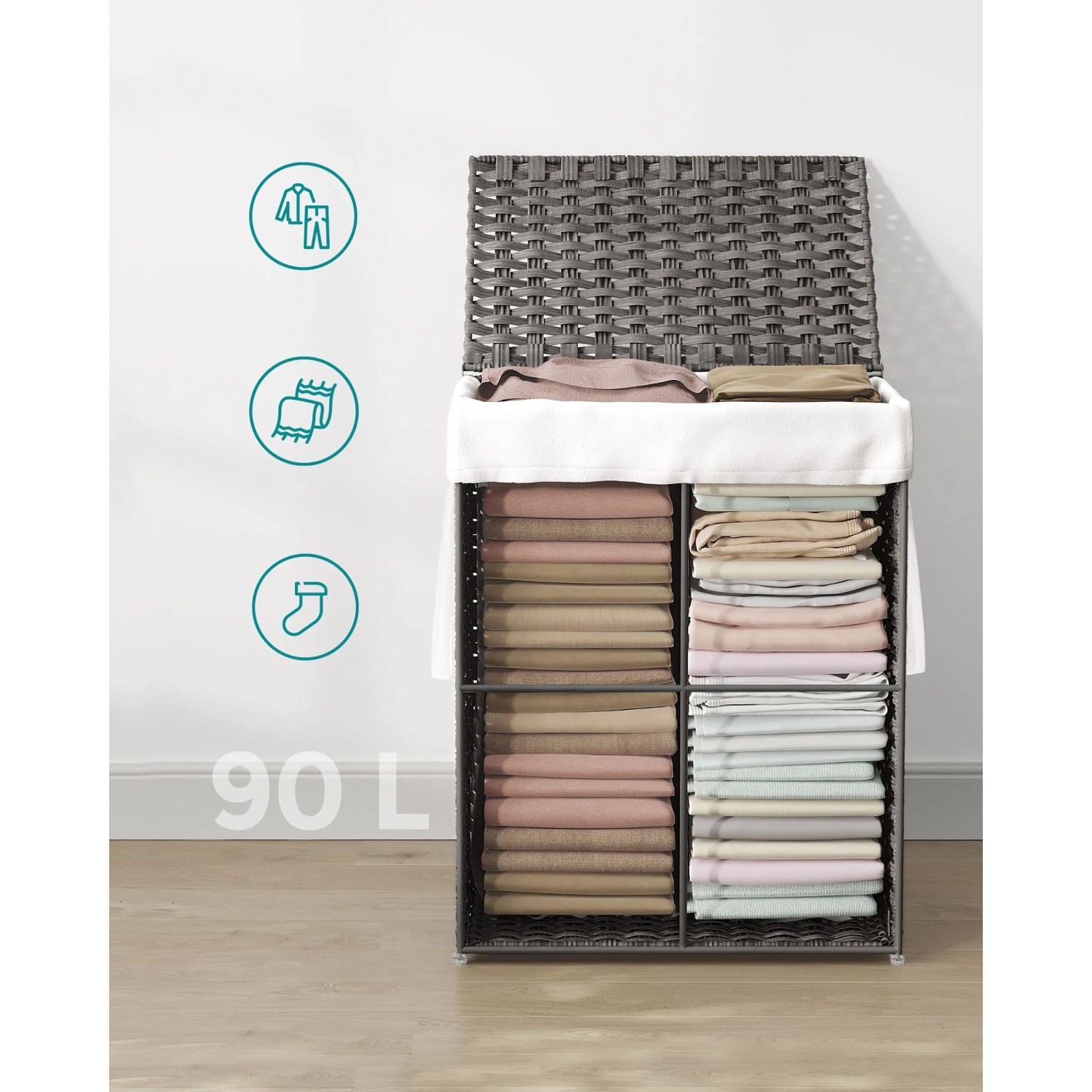 Grauer Songmics Wäschesammler Eliott mit Deckel, 90 Liter Fassungsvermögen. Wäschekorb im geflochtenen Design.