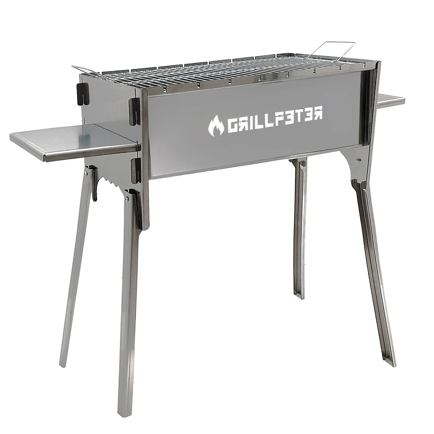 Grillpeter Mangal Izmir Schaschlikgrill aus Edelstahl mit Ablagen, ideal für Holzkohle.