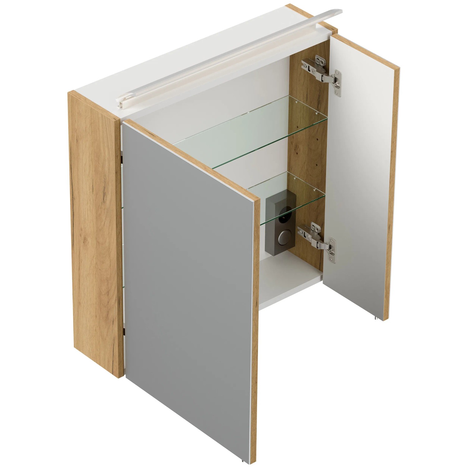 Posseik Spiegelschrank 60 cm Eiche Gold mit LED-Lampe und Glasböden, offene Türen.