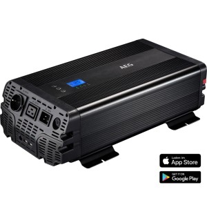 Schwarzer AEG Automotive Spannungswandler 3.000 W mit Bedienelementen und App-Steuerung.