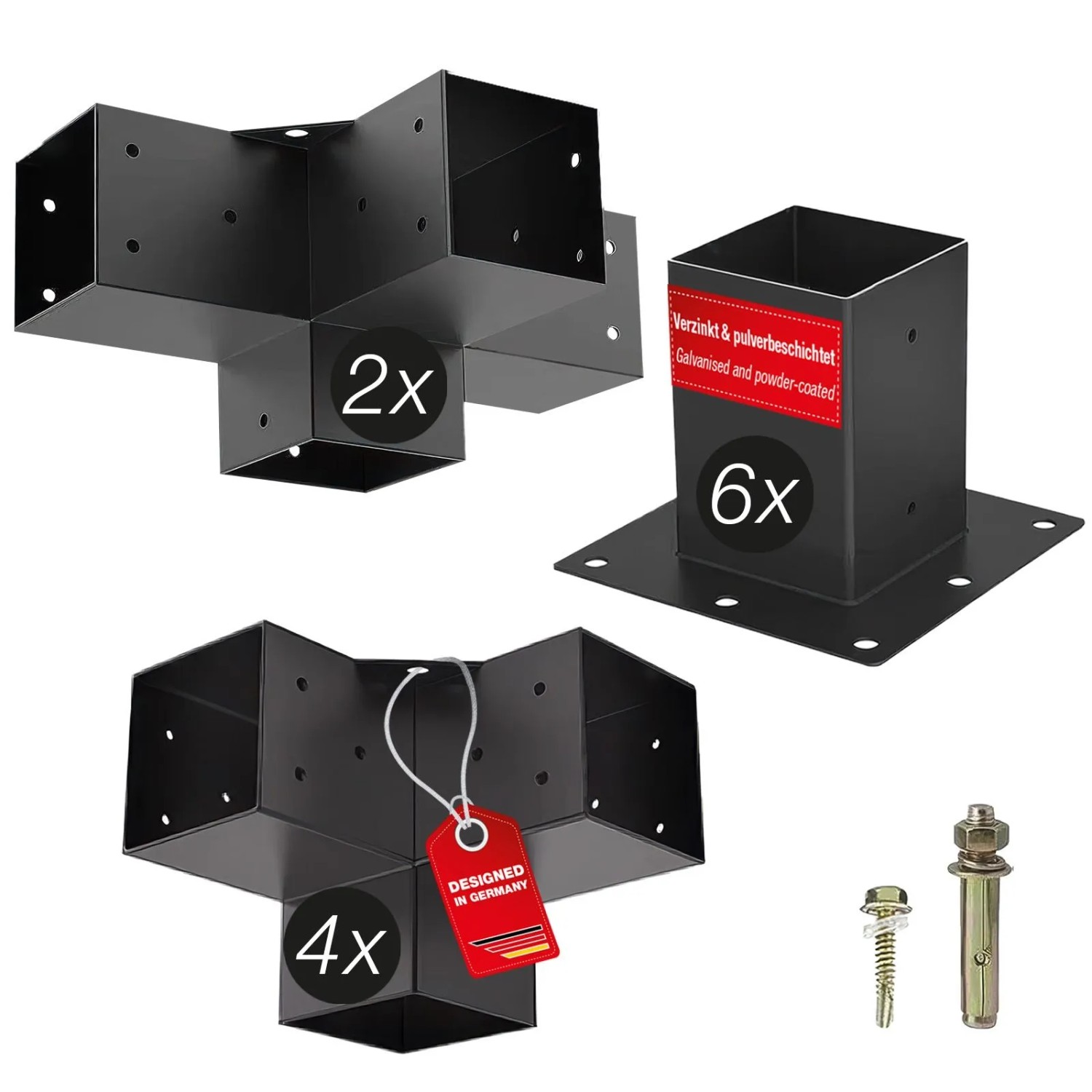 SOTECH Aufbau Set 12-teilig 4x Eckverbinder 2x Mittelverbinder 6x Bodenhülse Vierkant 100 x 100 mm Stahl Verzinkt Schwarz Pulverbeschichtet