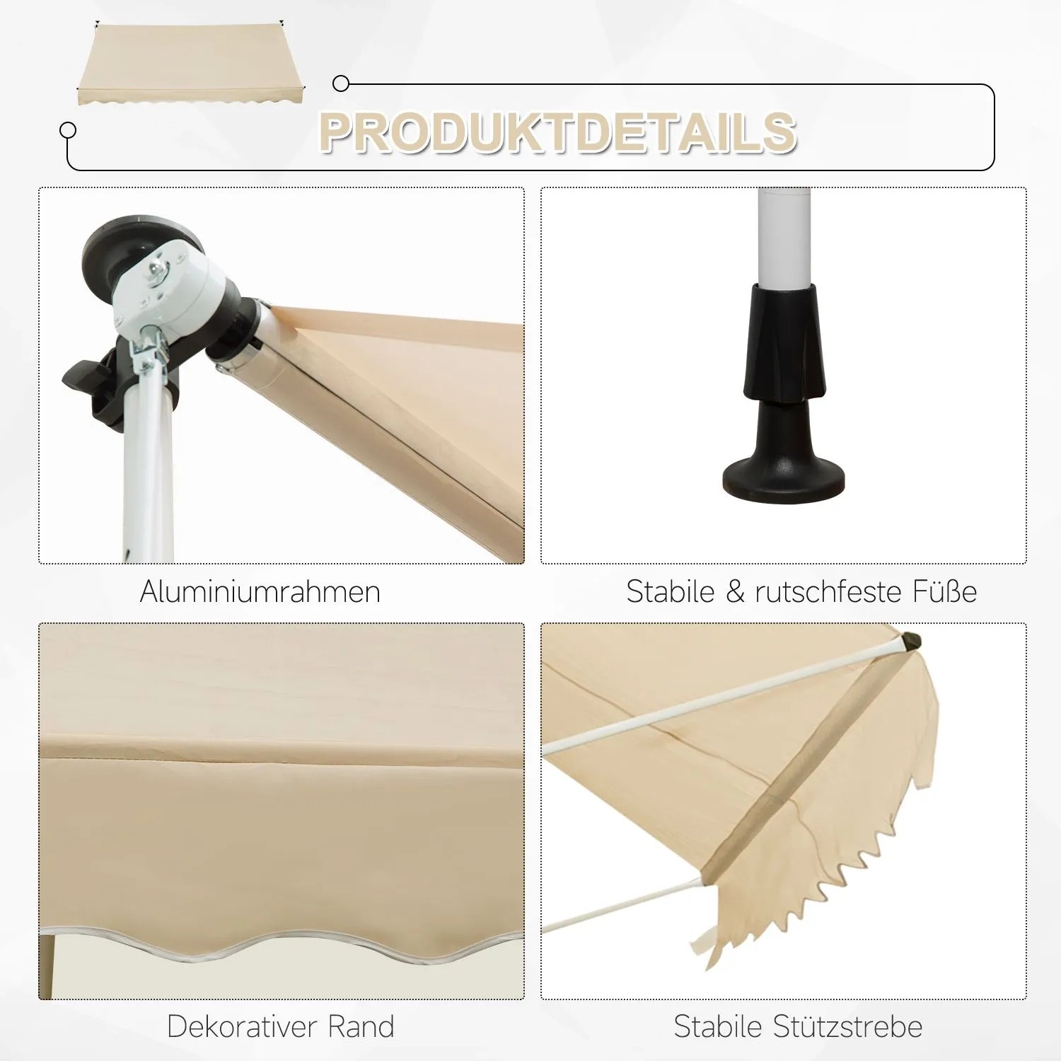 Furnicato Klemmmarkise, 150cm breit, beige, Details zu Rahmen, Füßen, Rand und Stützstrebe.