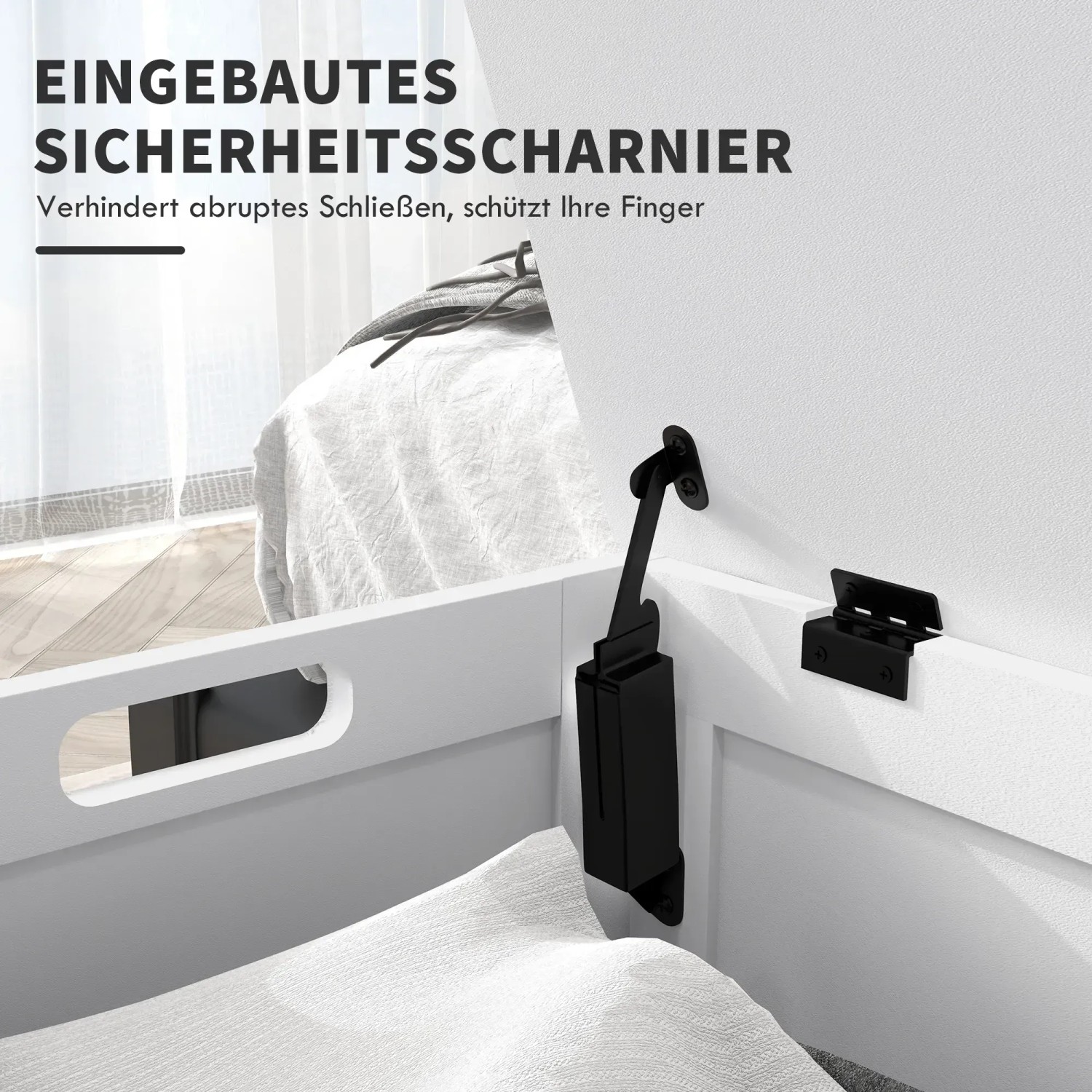 Detailaufnahme: Weißer HOMCOM Aufbewahrungsbox mit Sicherheitsscharnier und Griff.