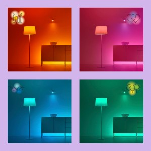 WiZ LED-Spots GU10 im 2er-Set, verschiedene Farben in Wohnräumen.