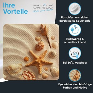 Sanilo Badematte Sanibel mit Strandmotiv und Muscheln, rutschfest für sicheren Halt in der Badewanne.