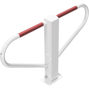 Umlegbare Schake Parkplatzsperre, weiß-rot, mit Rundzylinder zum Dübeln.