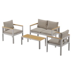 Beiges RICHLY Gartenmöbel Set für 4 Personen: Aluminiumrahmen, Polywood Tischplatte. Ideal für Balkon und Garten.