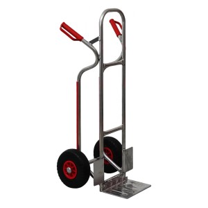 PROREGAL Sackkarre RAGNAR aus Aluminium mit klappbarer Schaufel und roten Griffen.