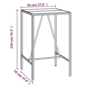 vidaXL Gartenbar-Set, 5-teilig, schwarz, Poly Rattan. Detailaufnahme Tisch mit Maßangaben.