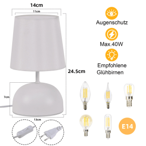 Modernes weißes NETTLIFE Nachttischlampen 2er Set mit Stoffschirm, Metallfuß, E14-Fassung für Schlafzimmer.