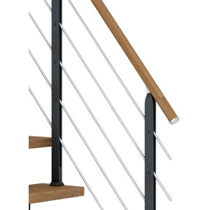 Detailansicht Dolle Mittelholmtreppe Frankfurt Eiche/Anthrazit mit Edelstahl Geländerstäben.