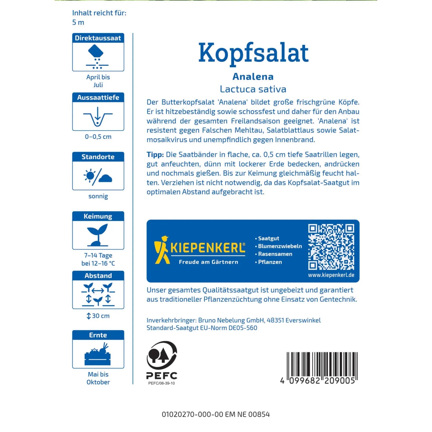 Kiepenkerl Kopfsalat Analena Saatband: Verpackung mit Infos zu Aussaat, Ernte und Eigenschaften.