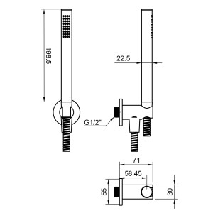 Technische Zeichnung: PaulGurkes Unterputz Duschsystem mit Kopf- und Handbrause, Maße und Anschlüsse dargestellt.