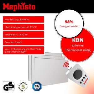 Mephisto Infrarotheizung 800W mit Fernbedienung und Thermostat. Wand-, Decken- oder Standmontage möglich.