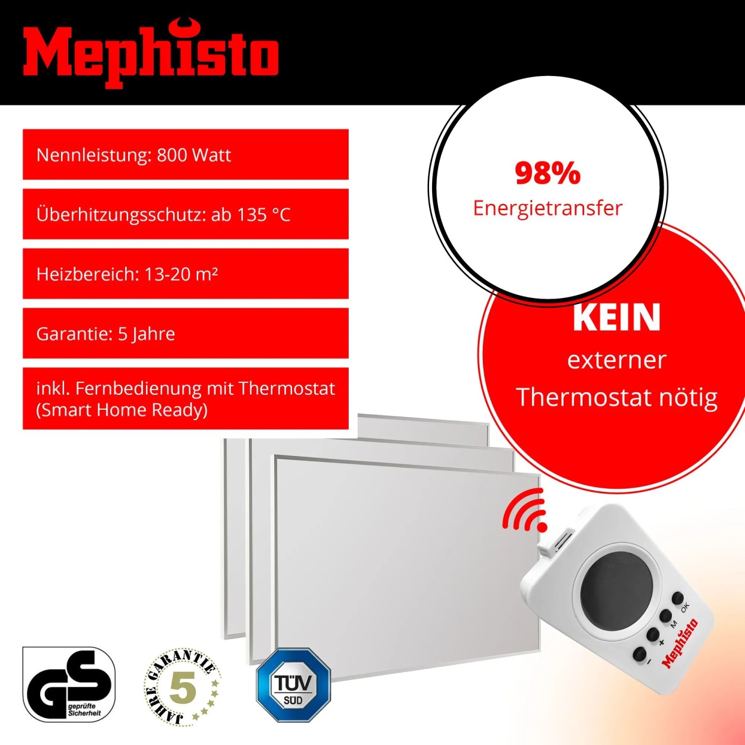 Mephisto Infrarotheizung 800W mit Fernbedienung und Thermostat. Wand-, Decken- oder Standmontage möglich.