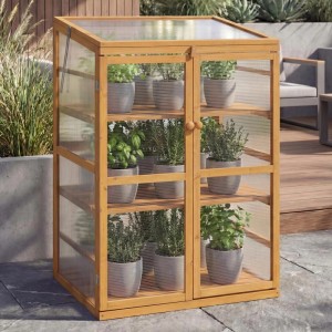 Verstellbares MCW Gewächshaus Q13 aus Holz (110x76x57cm) mit Pflanzen in Töpfen.