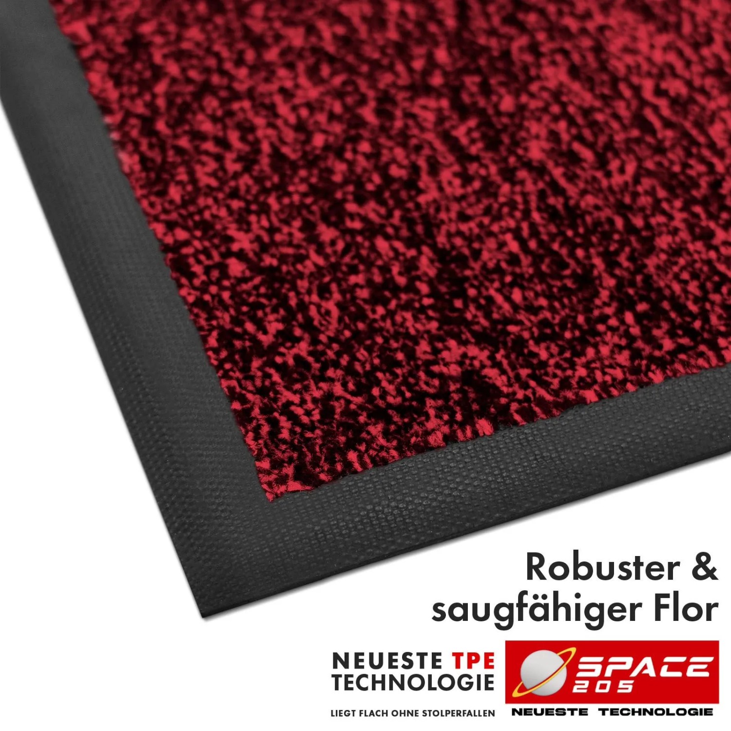 Rote Schmutzfangmatte Space 205, 60x90 cm, mit rutschfestem TPE-Rücken.