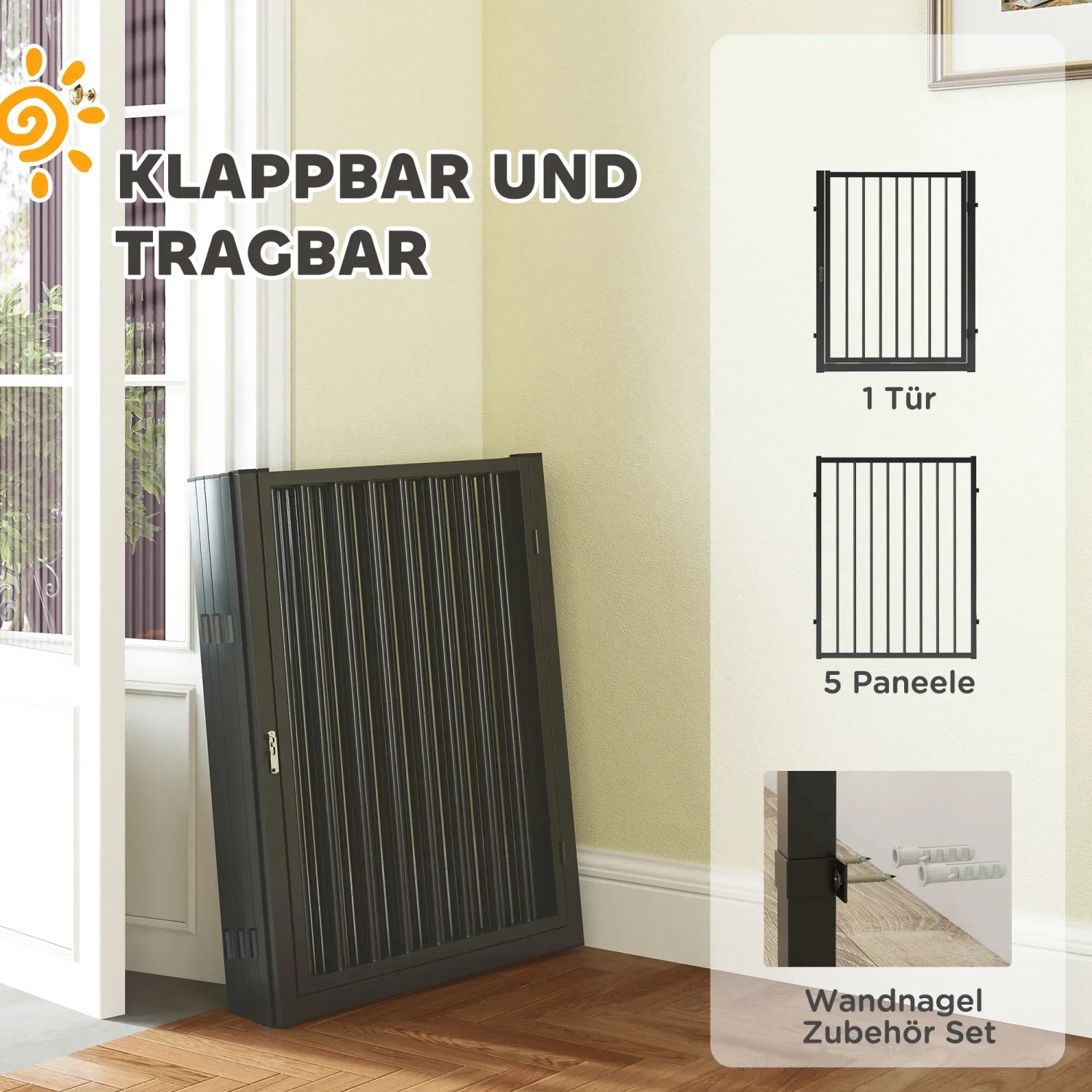 PawHut Welpenauslauf aus Stahl, schwarz, zusammengeklappt. Inkl. Tür, Paneelen und Wandbefestigung.