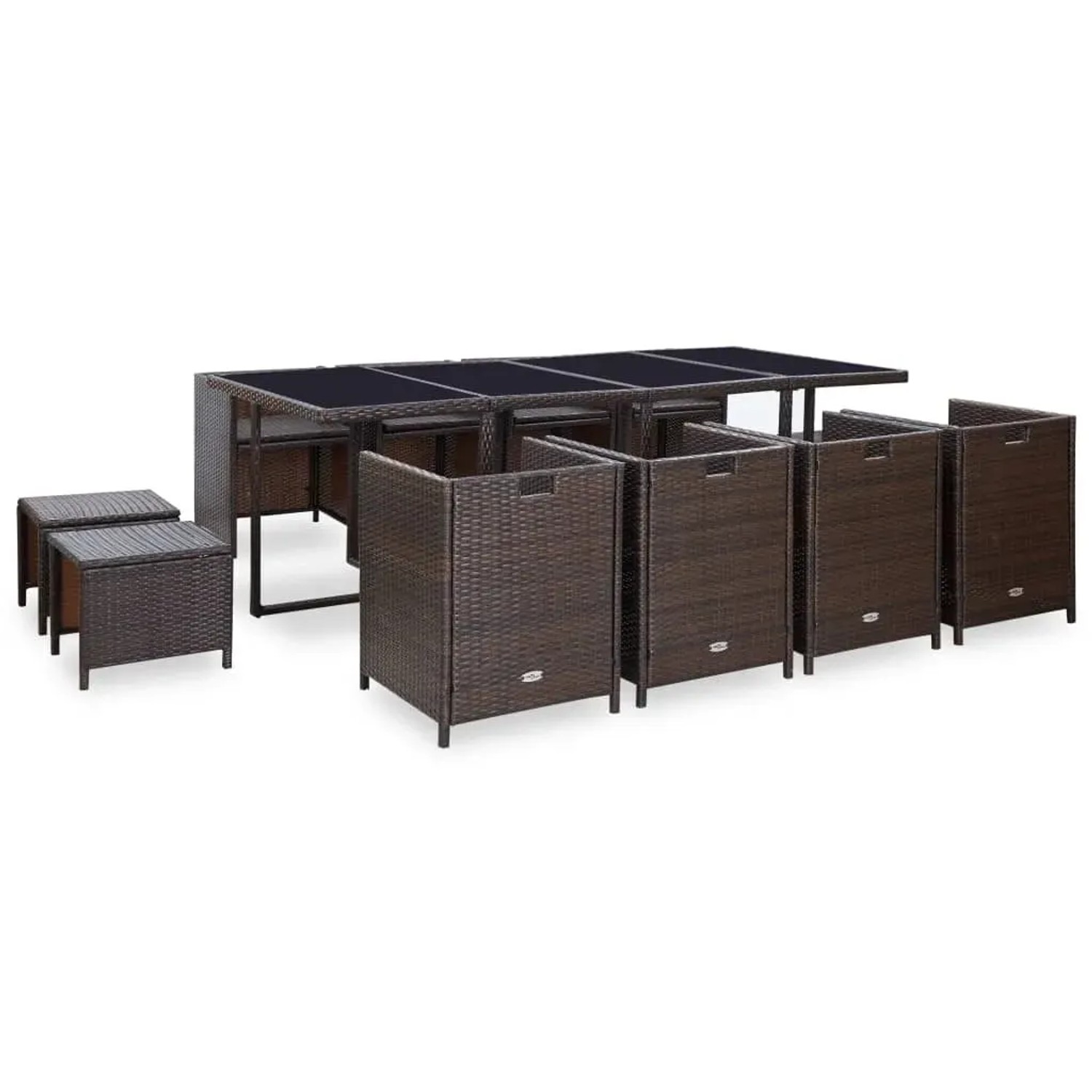 vidaXL 13-tlg. Garten-Essgruppe aus Poly Rattan in Braun mit Tisch, Stühlen und Hockern.