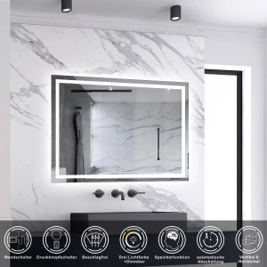 Rechteckiger Badspiegel 90x70 cm mit LED-Beleuchtung, Dimmfunktion und drei Lichtfarben vor Marmorwand.
