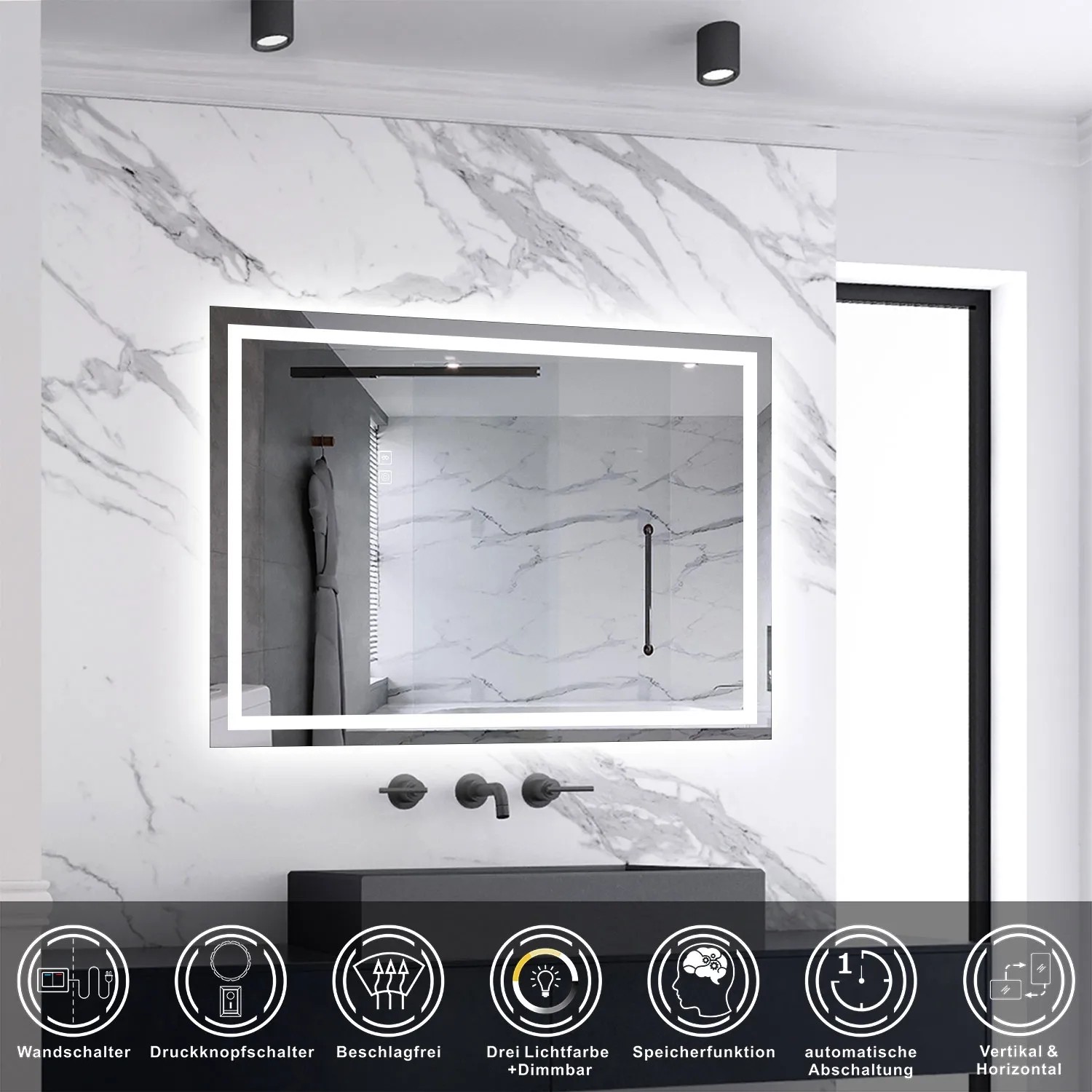 Rechteckiger Badspiegel 90x70 cm mit LED-Beleuchtung, Dimmfunktion und drei Lichtfarben vor Marmorwand.