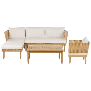 Cremeweißes Beliani Lounge Set CREMONA aus Holz mit Sofa, Sessel und Tisch für den Garten.