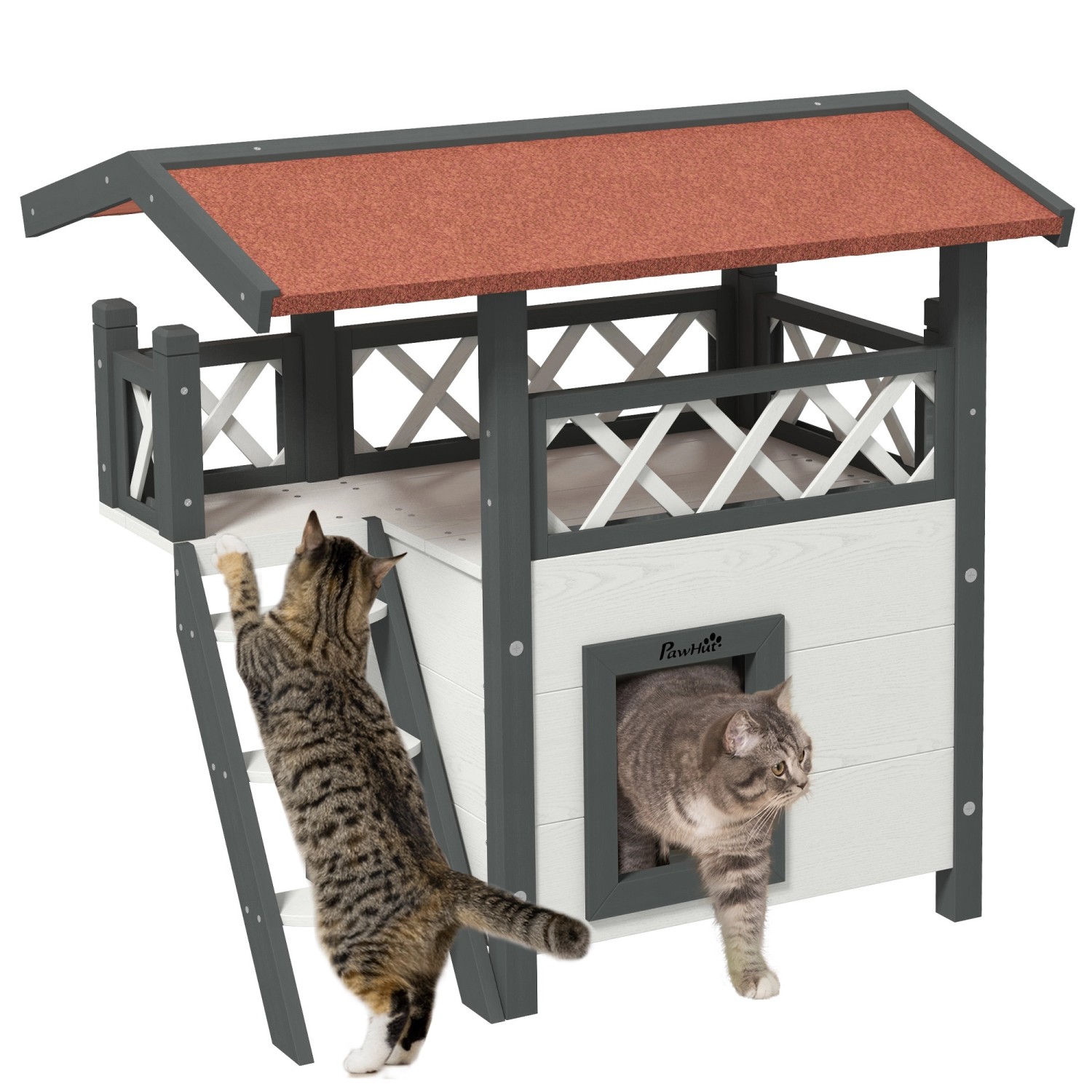 Thumbnail - PawHut Katzenhaus mit Asphaltdach 2-Stöckig 77 x 50 x73cm