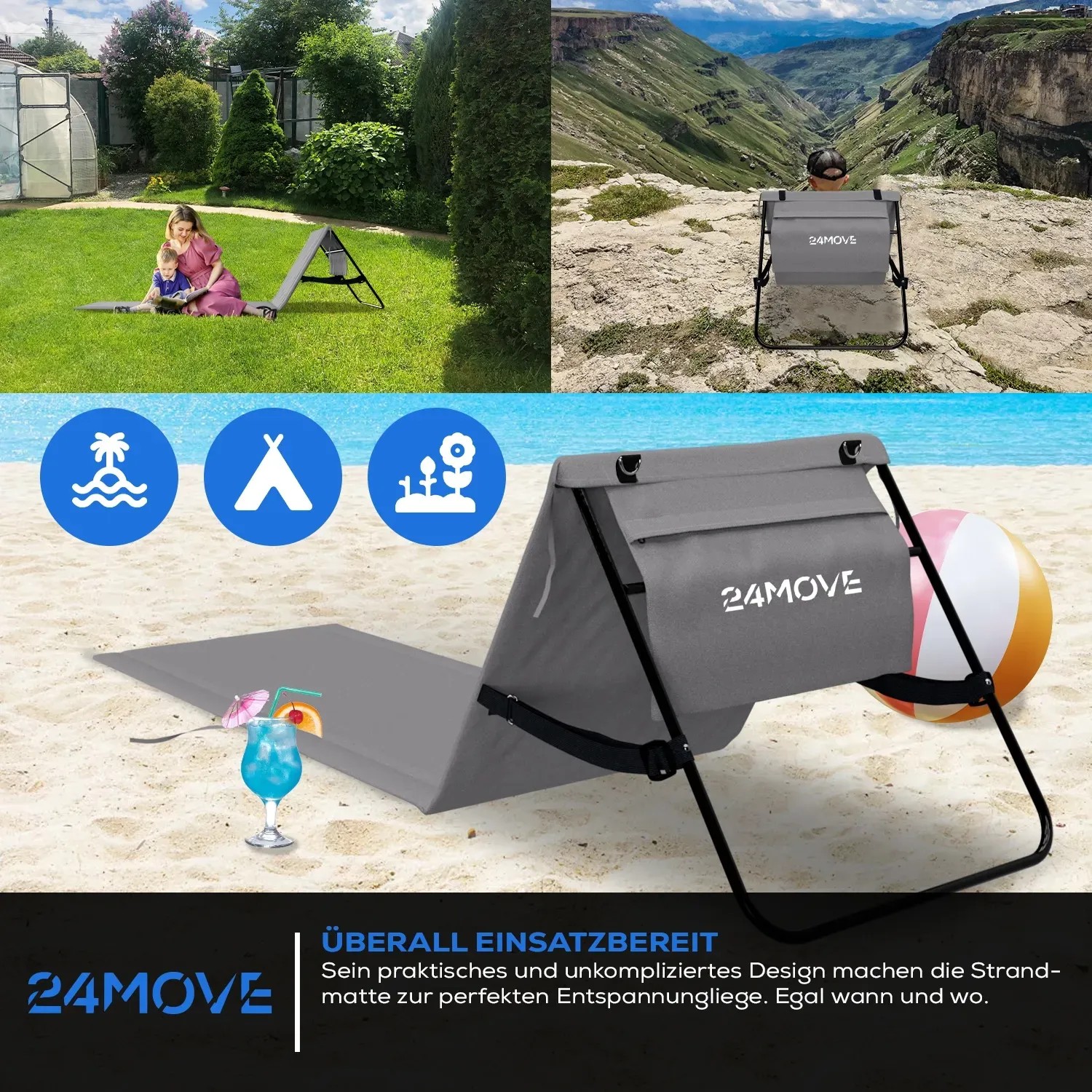 24MOVE Strandmatte, klappbar mit Rückenlehne und Tasche, grau. Ideal für Strand, Garten und Camping.