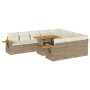Beige 11-tlg. Garten Sofagarnitur aus Poly Rattan mit Akazientisch und Kissen.