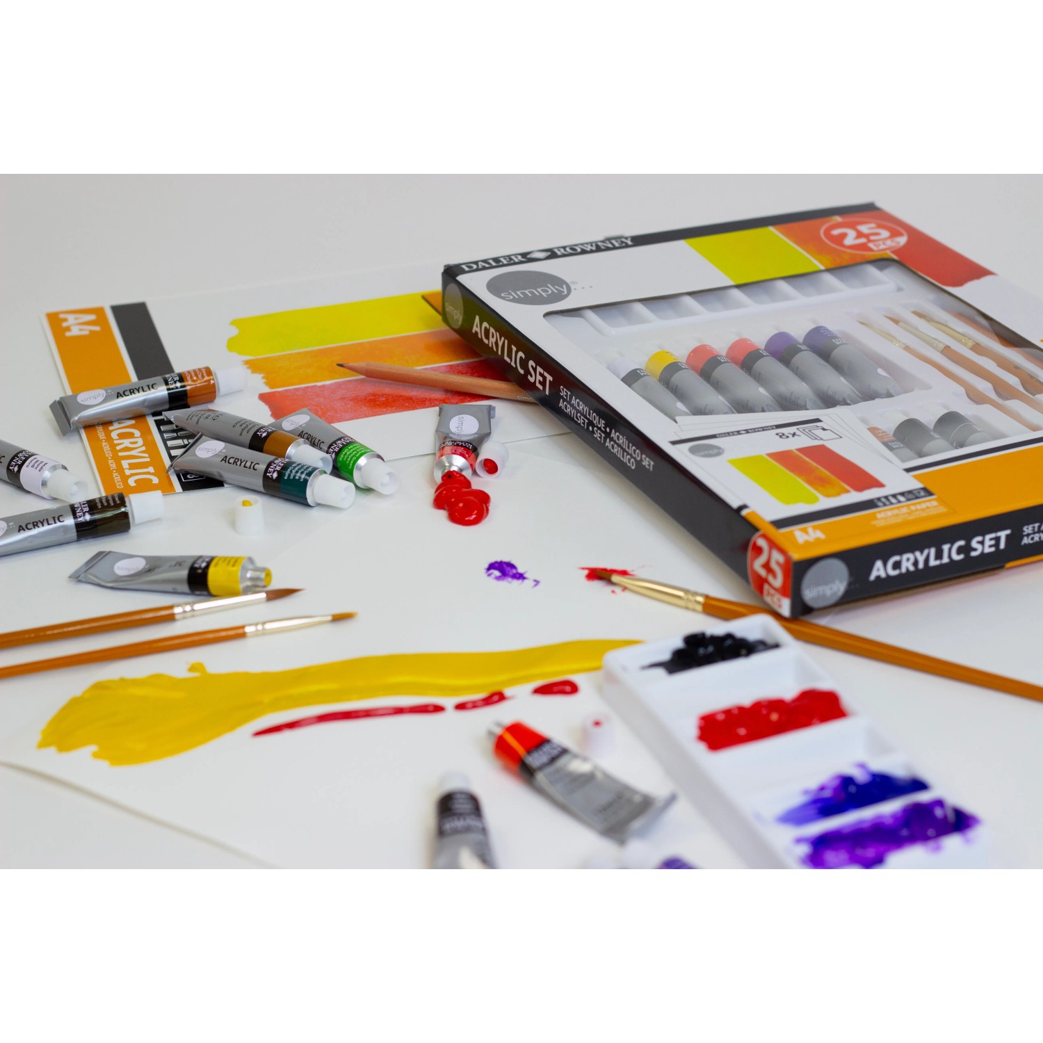 Daler-Rowney Acryl Malset, 25-teilig mit Farben, Pinsel und Palette.