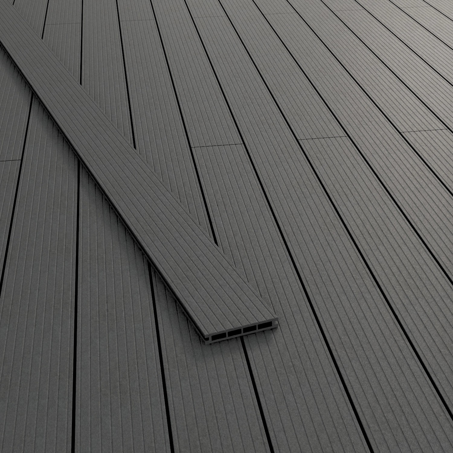 Anthrazitfarbene WPC Terrassendielen mit geriffelter Oberfläche. Ideal für Terrasse und Balkon.