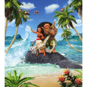 Disney Fototapete Vaiana Multicolor, 250x280cm. Vaiana und Maui am Strand mit Palmen.