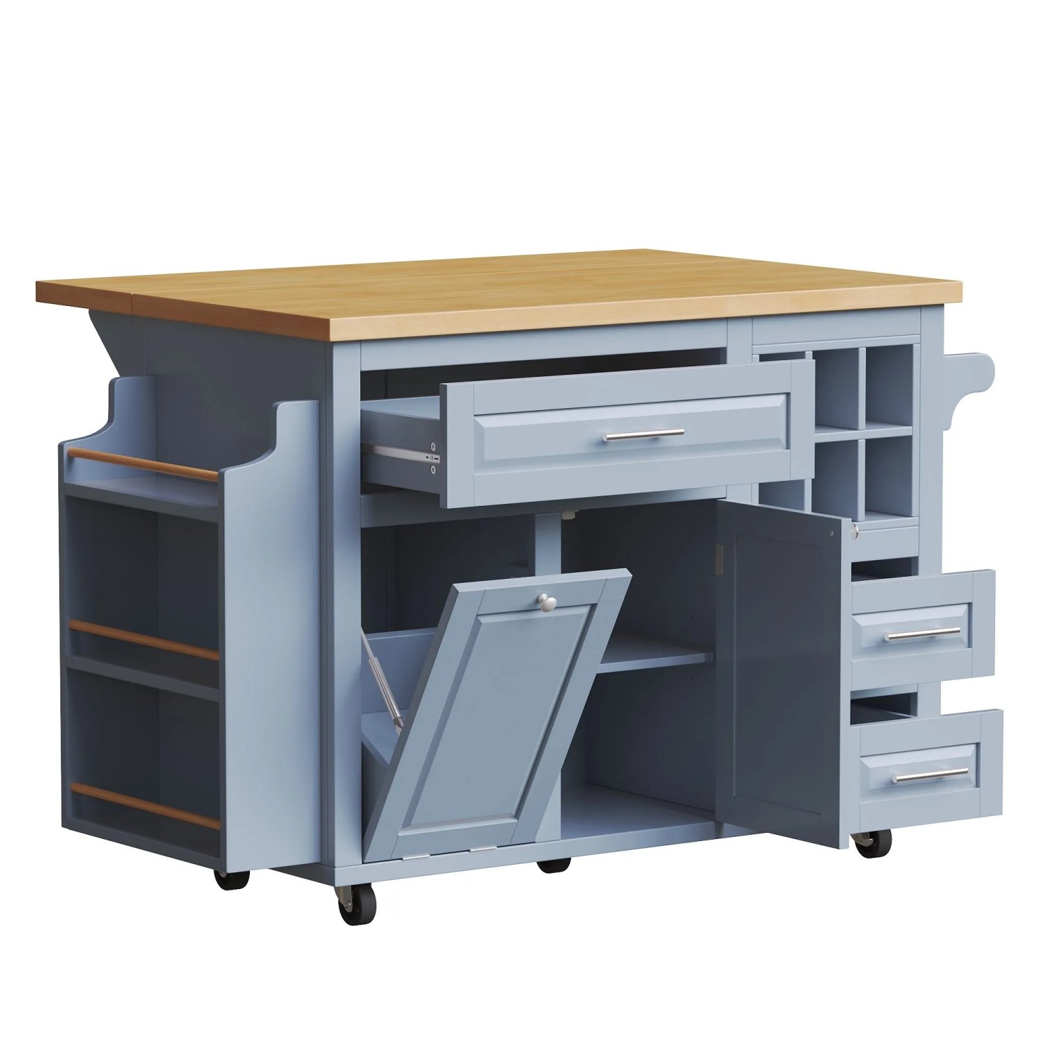 okwish Küchenwagen mit Schubladen Weinkorb Snackregal Küche 143x75x91cm Blau