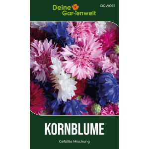 Samenpackung Kornblumen Gefüllte Mischung mit bunten, gefüllten Blüten in Pink, Weiß und Blau.