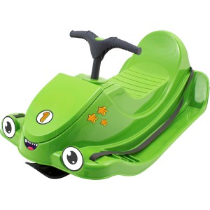 Grüner KHW Snow Quad Schlitten mit Lenker und Stickerbogen im Comic-Design.