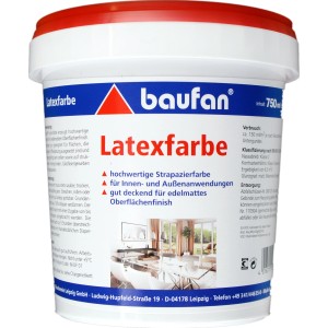 Baufan Latexfarbe, 750ml, für Innen- und Außenbereich. Strapazierfähige, matte Farbe im weißen Eimer mit rotem Deckel.