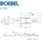 Technische Zeichnung: Goebel Spannverschluss 2/100, Stahl verzinkt, mit Maßen für Montage und Anwendung.